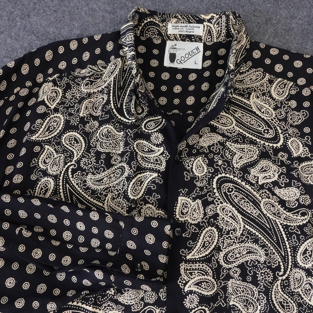 Goouch Mens Large Black Cream Paisley Medallion Rayon Button Down Shirt Nepal
